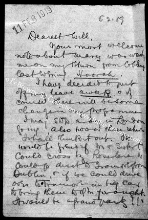 FIRST WORLD WAR CORRESPONDENCE FRANK TO WILL RE LEAVE 11 FEB 1919